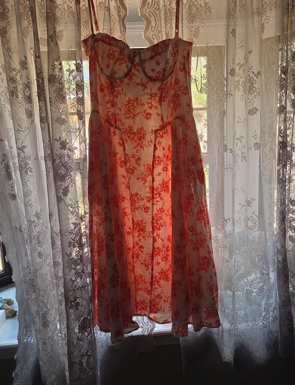Coral Floral Midi Dress with Sweetheart Bodice